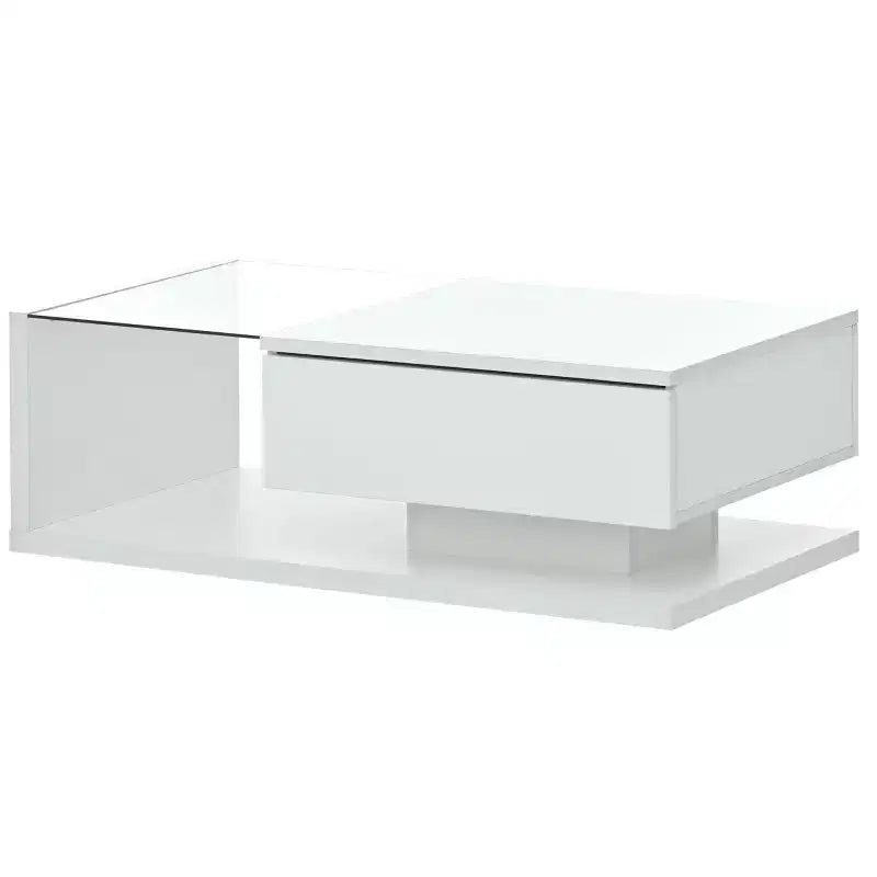 Table basse avec tiroir de 39,3 po, verre trempé, surface UV brillante, table basse carrée en bois, table d'appoint domestique