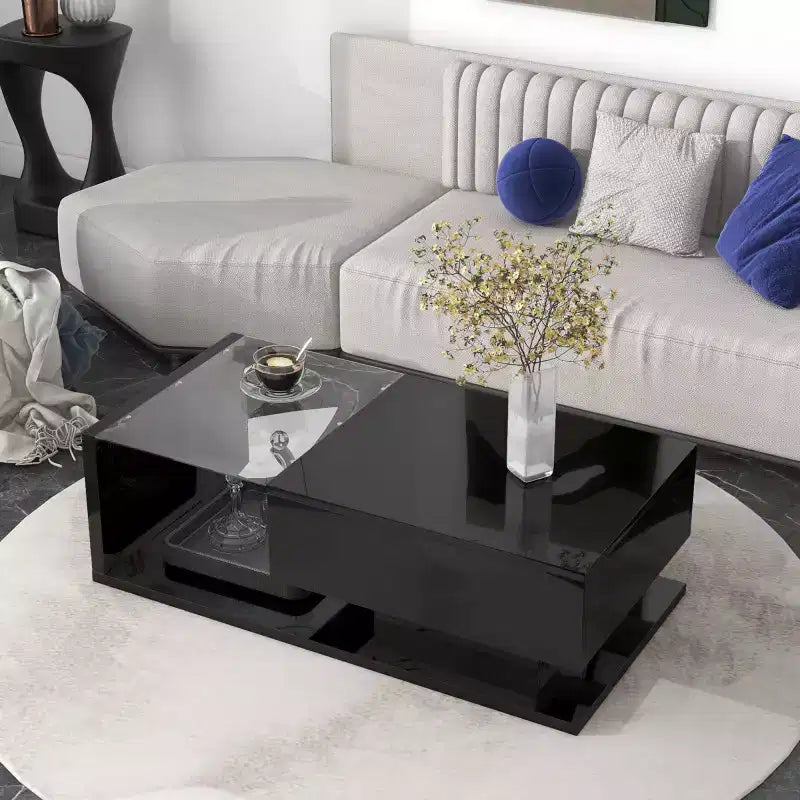 Table basse avec tiroir de 39,3 po, verre trempé, surface UV brillante, table basse carrée en bois, table d'appoint domestique