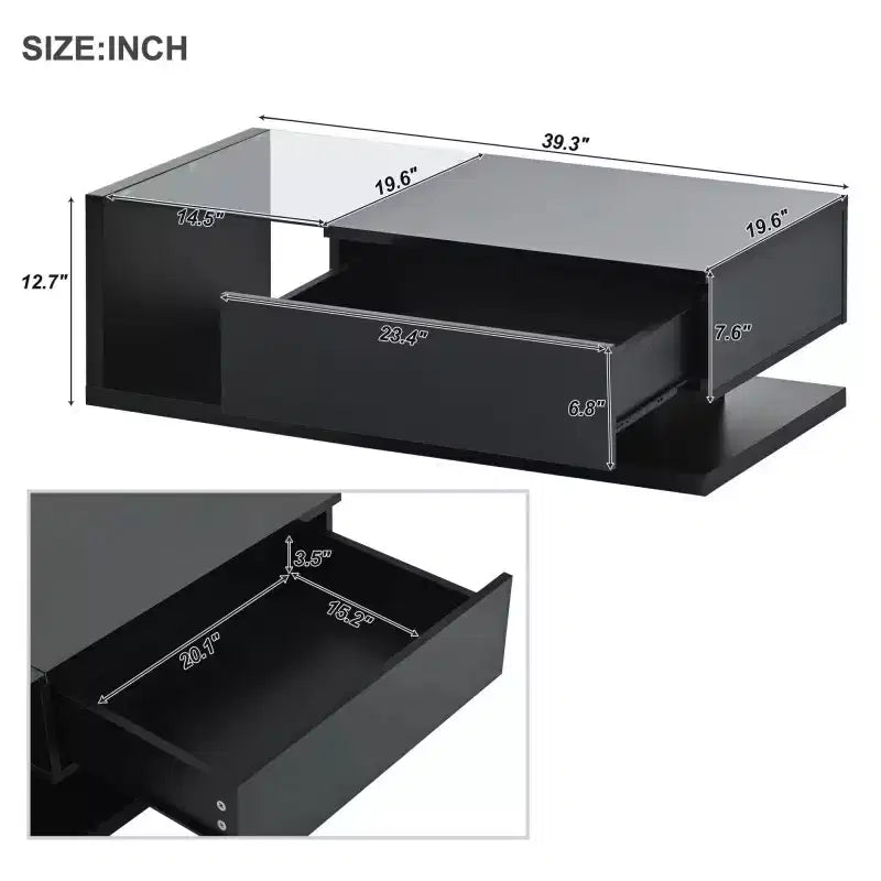Table basse avec tiroir de 39,3 po, verre trempé, surface UV brillante, table basse carrée en bois, table d'appoint domestique