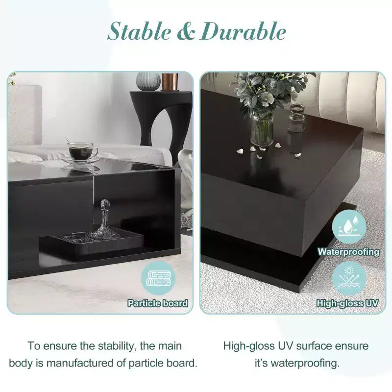 Table basse avec tiroir de 39,3 po, verre trempé, surface UV brillante, table basse carrée en bois, table d'appoint domestique