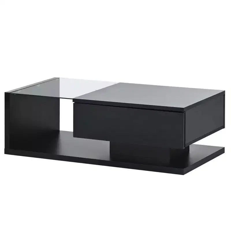 Table basse avec tiroir de 39,3 po, verre trempé, surface UV brillante, table basse carrée en bois, table d'appoint domestique