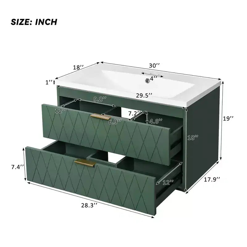 Meuble de salle de bain de 76 cm avec lavabo, meuble de rangement de salle de bain avec tiroirs pour petit espace, vert