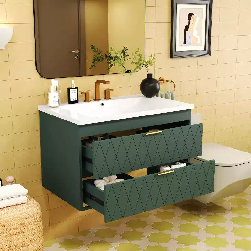 Meuble de salle de bain de 76 cm avec lavabo, meuble de rangement de salle de bain avec tiroirs pour petit espace, vert