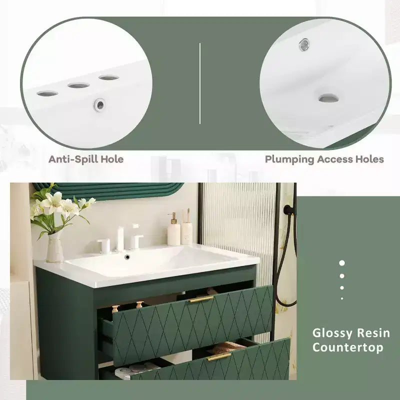 Meuble de salle de bain de 76 cm avec lavabo, meuble de rangement de salle de bain avec tiroirs pour petit espace, vert