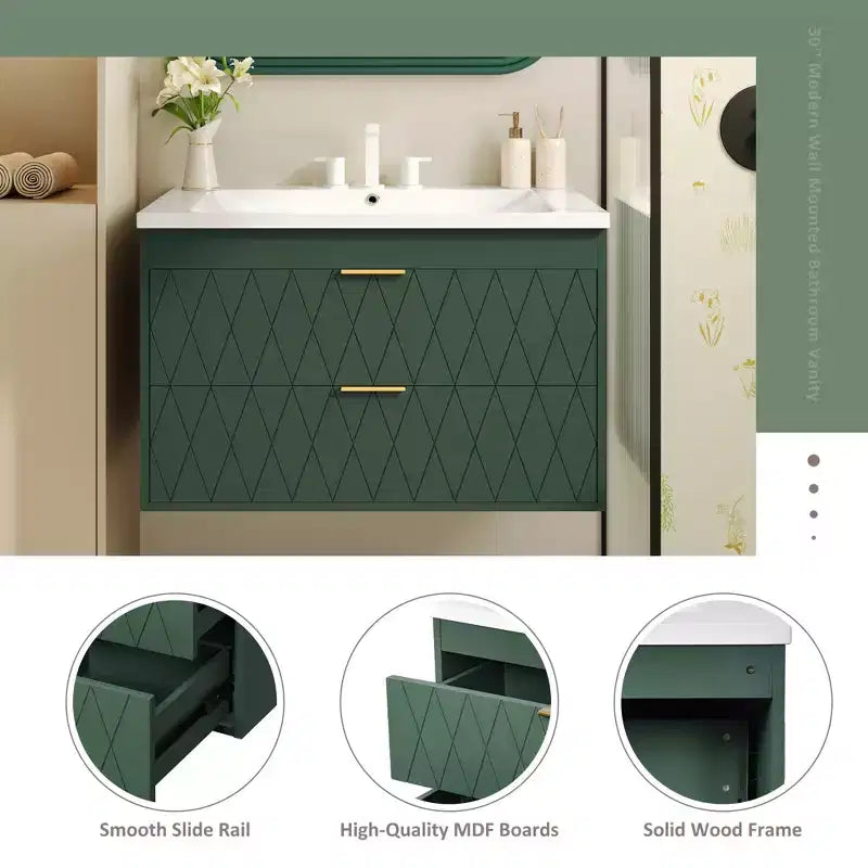 Meuble de salle de bain de 76 cm avec lavabo, meuble de rangement de salle de bain avec tiroirs pour petit espace, vert