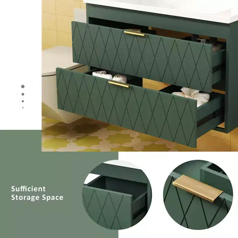 Meuble de salle de bain de 76 cm avec lavabo, meuble de rangement de salle de bain avec tiroirs pour petit espace, vert