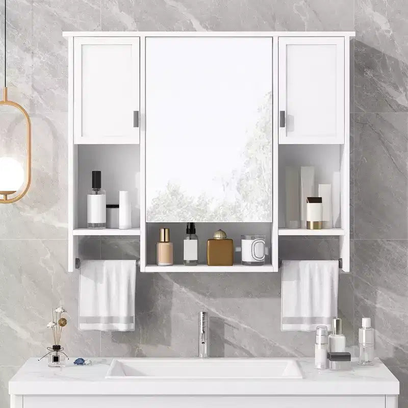 Armoire de toilette 35" x 28" avec miroir, barre porte-serviettes, armoire murale de salle de bain en bois, armoires à pharmacie