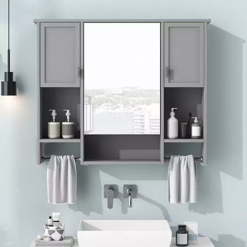 Armoire de toilette 35" x 28" avec miroir, barre porte-serviettes, armoire murale de salle de bain en bois, armoires à pharmacie