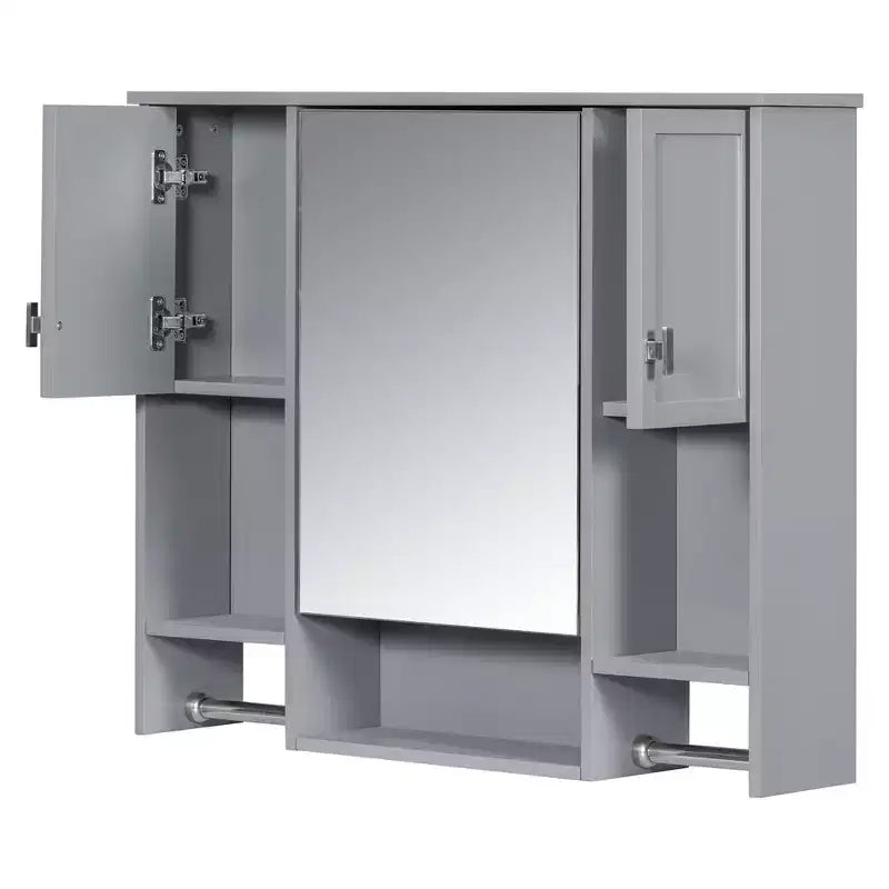 Armoire de toilette 35" x 28" avec miroir, barre porte-serviettes, armoire murale de salle de bain en bois, armoires à pharmacie