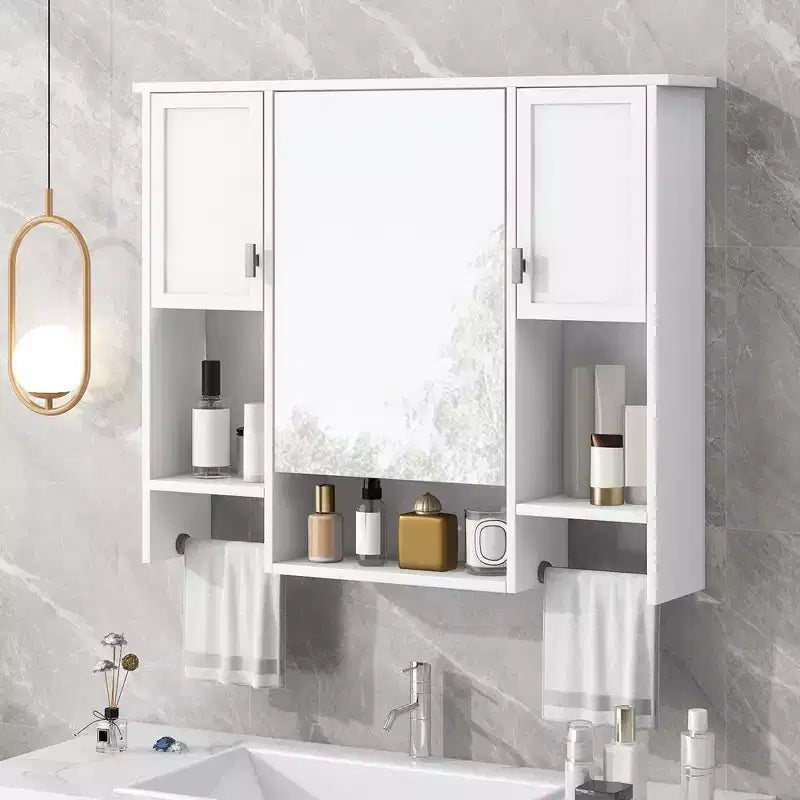 Armoire de toilette 35" x 28" avec miroir, barre porte-serviettes, armoire murale de salle de bain en bois, armoires à pharmacie