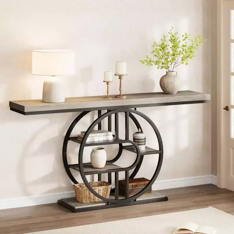 Table console pour entrée, étagères de rangement, table d'appoint étroite à 5 niveaux avec étagères de rangement circulaires pour salon, couloir, cadre métallique en forme de O