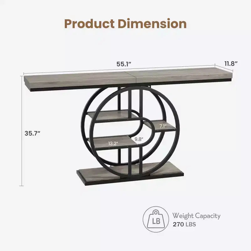 Table console pour entrée, étagères de rangement, table d'appoint étroite à 5 niveaux avec étagères de rangement circulaires pour salon, couloir, cadre métallique en forme de O