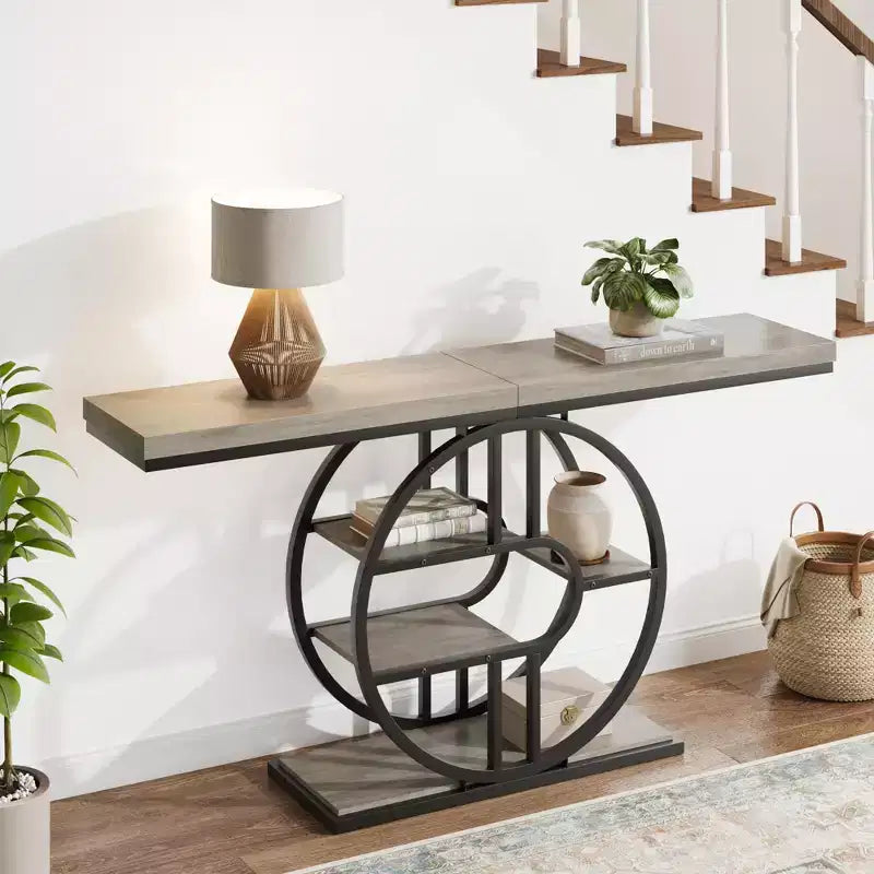 Table console pour entrée, étagères de rangement, table d'appoint étroite à 5 niveaux avec étagères de rangement circulaires pour salon, couloir, cadre métallique en forme de O