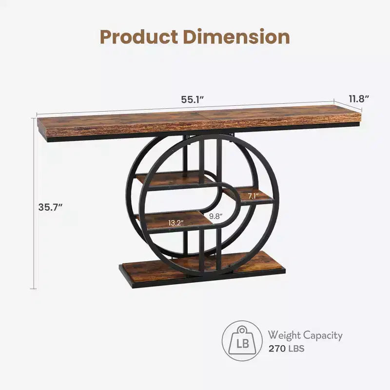 Table console pour entrée, étagères de rangement, table d'appoint étroite à 5 niveaux avec étagères de rangement circulaires pour salon, couloir, cadre métallique en forme de O