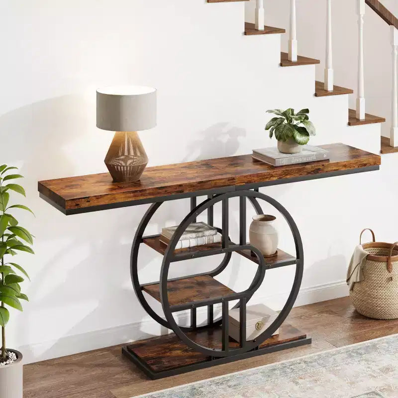 Table console pour entrée, étagères de rangement, table d'appoint étroite à 5 niveaux avec étagères de rangement circulaires pour salon, couloir, cadre métallique en forme de O