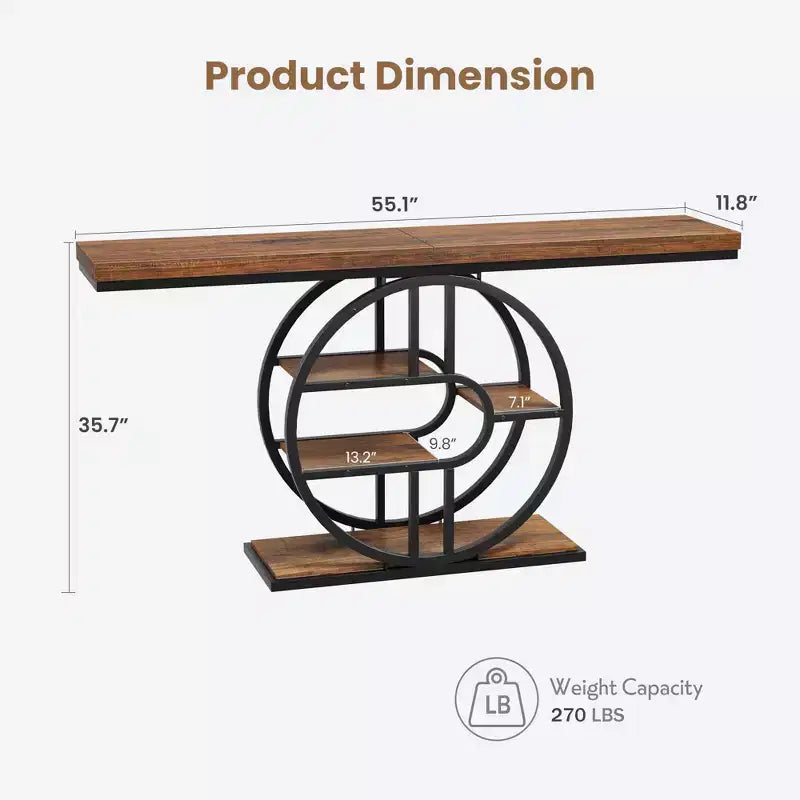 Table console pour entrée, étagères de rangement, table d'appoint étroite à 5 niveaux avec étagères de rangement circulaires pour salon, couloir, cadre métallique en forme de O