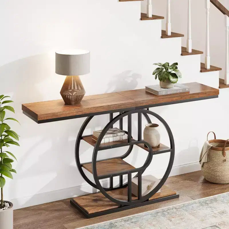 Table console pour entrée, étagères de rangement, table d'appoint étroite à 5 niveaux avec étagères de rangement circulaires pour salon, couloir, cadre métallique en forme de O