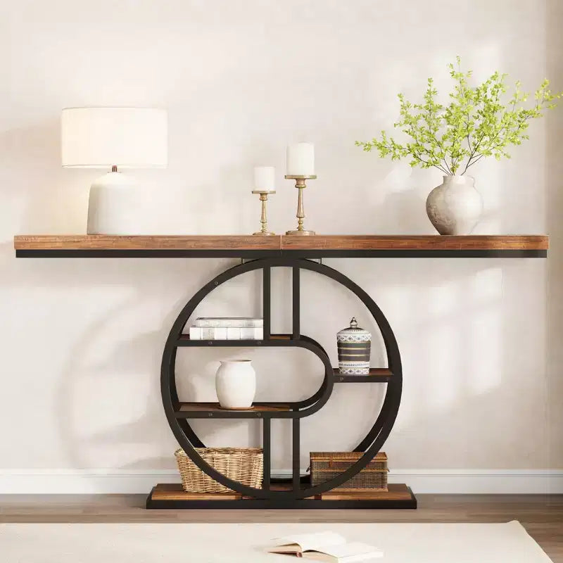 Table console pour entrée, étagères de rangement, table d'appoint étroite à 5 niveaux avec étagères de rangement circulaires pour salon, couloir, cadre métallique en forme de O