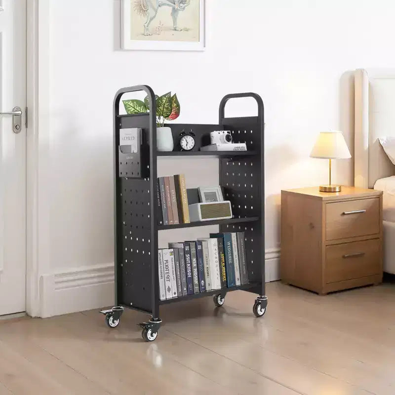 Chariot de bibliothèque roulant, capacité de 150 kg, 77 x 38 x 122 cm, chariot de bibliothèque, étagères en V unilatérales avec roues verrouillables de 7,6 cm, noir