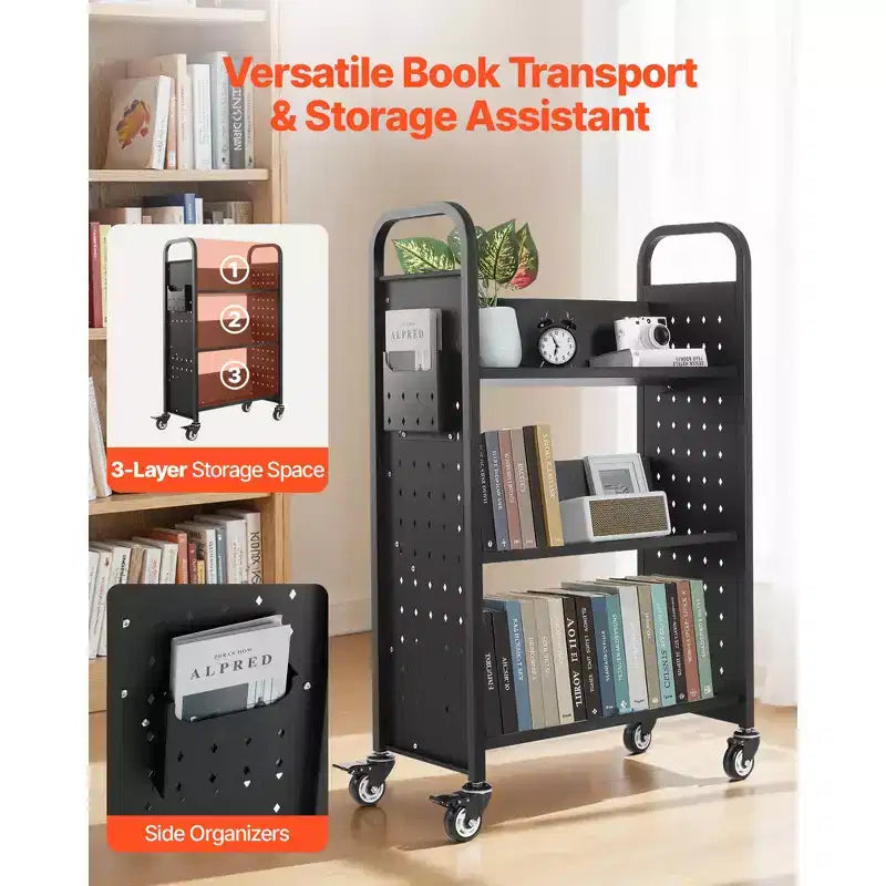Chariot de bibliothèque roulant, capacité de 150 kg, 77 x 38 x 122 cm, chariot de bibliothèque, étagères en V unilatérales avec roues verrouillables de 7,6 cm, noir