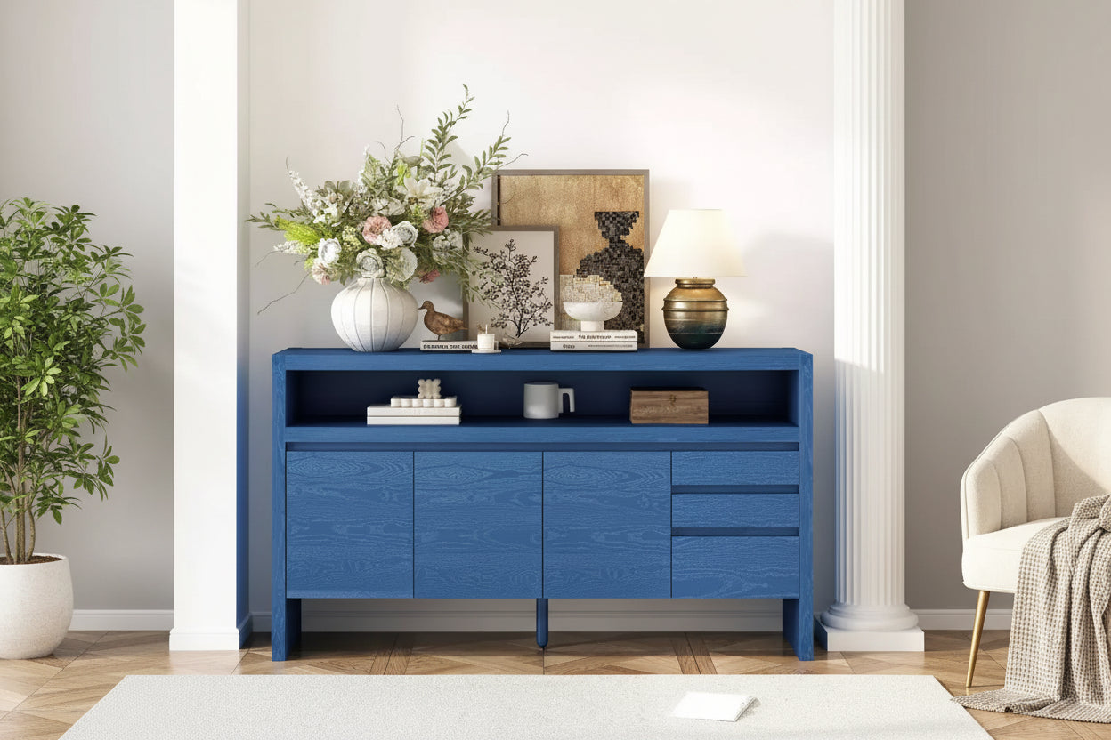 60 Storage Cabinet Buffet Sideboard with 3 Doors, 3 Drawers and Open Shelf, Accent Entryway Console Table navy blue