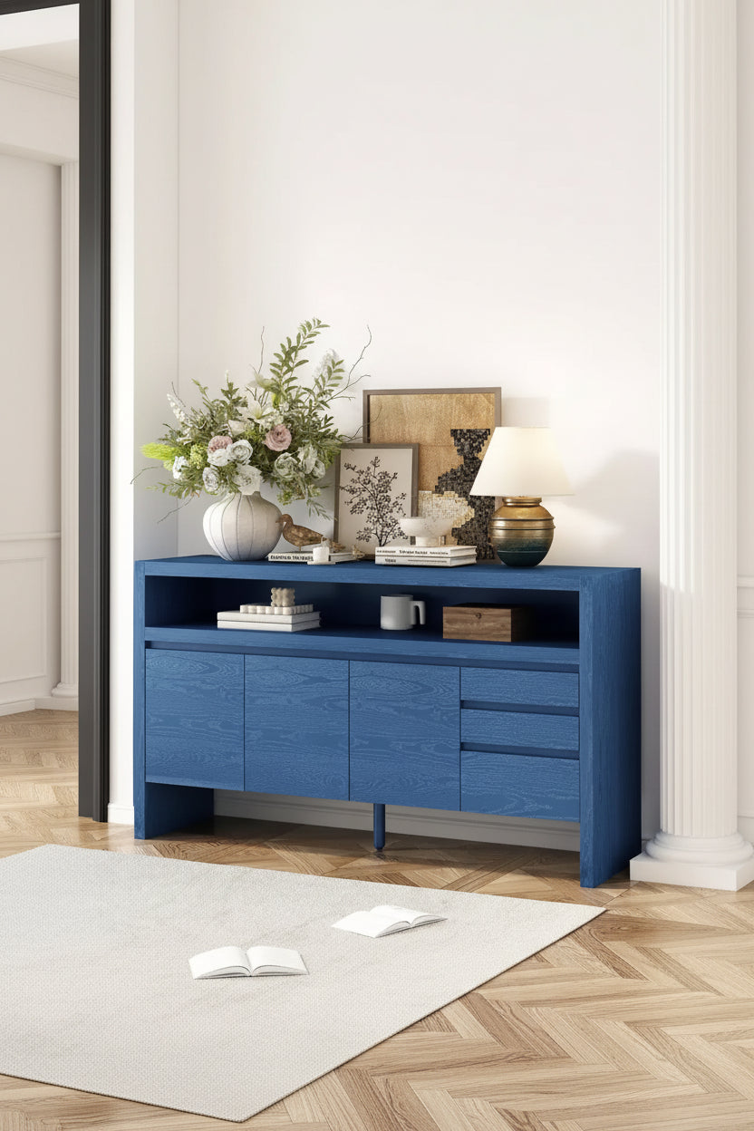 Buffet de rangement de 152 cm avec 3 portes, 3 tiroirs et une étagère ouverte, console d'entrée bleu marine