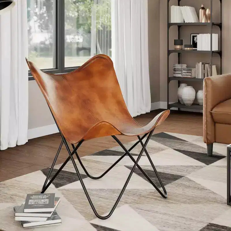 Chaise Papillon en cuir véritable marron, fer laqué Standard