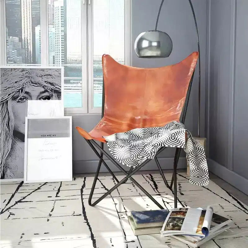 Chaise Papillon en cuir véritable marron, fer laqué Standard