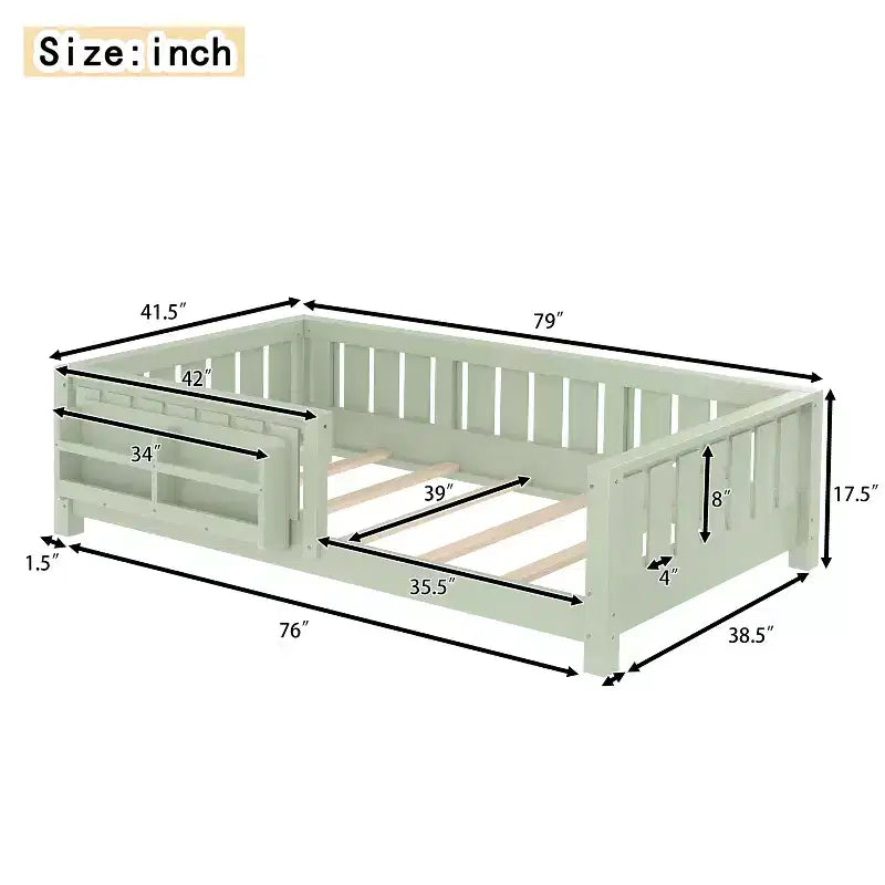 Lit double au sol avec étagère intégrée et barrière de sécurité, cadre de lit en pin pour enfants, aucun sommier tapissier requis, vert avocat