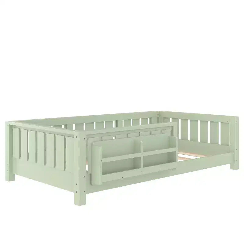 Lit double au sol avec étagère intégrée et barrière de sécurité, cadre de lit en pin pour enfants, aucun sommier tapissier requis, vert avocat