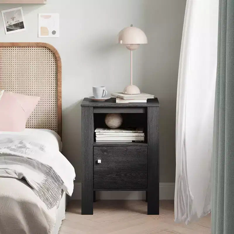 Table de chevet compacte avec étagère ouverte et armoire Chêne foncé/Noyer