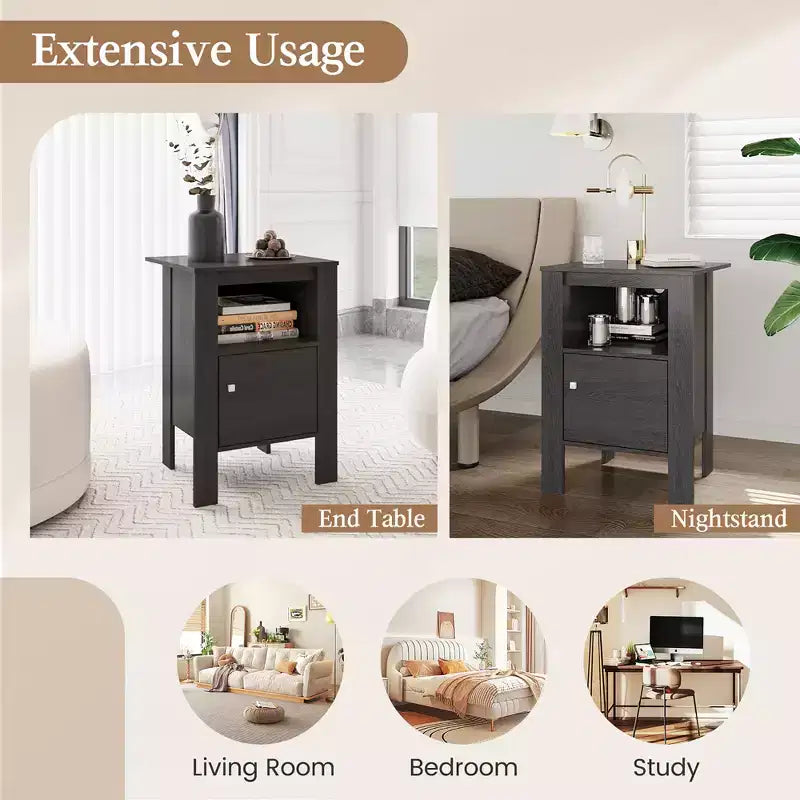 Table de chevet compacte avec étagère ouverte et armoire Chêne foncé/Noyer