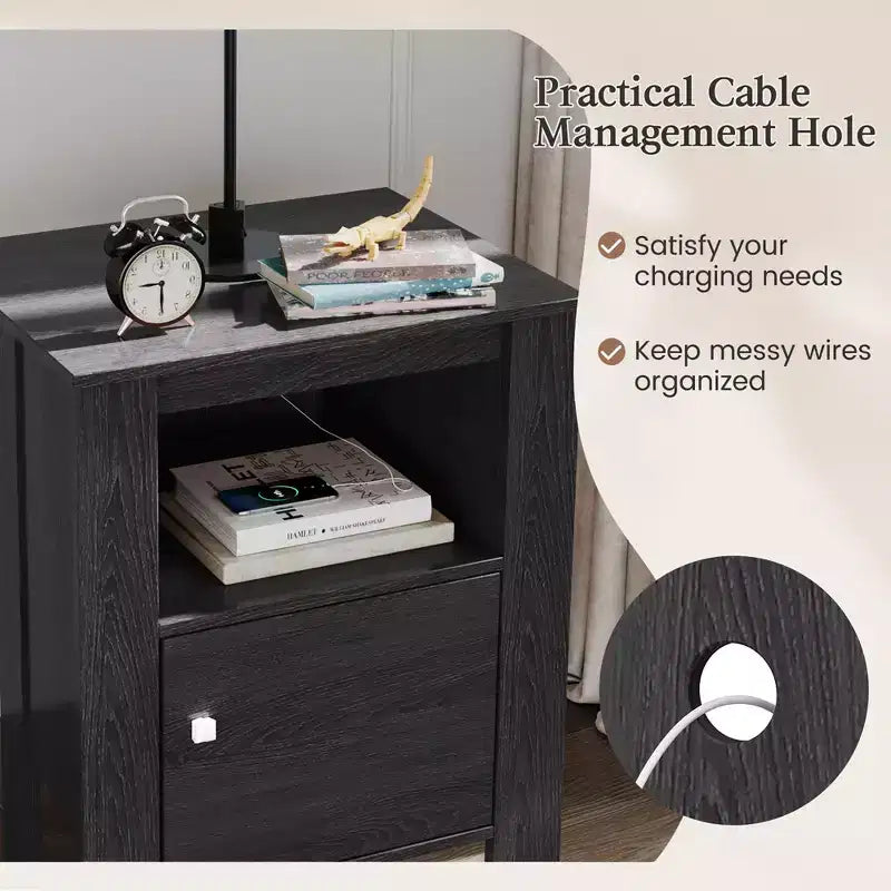 Table de chevet compacte avec étagère ouverte et armoire Chêne foncé/Noyer