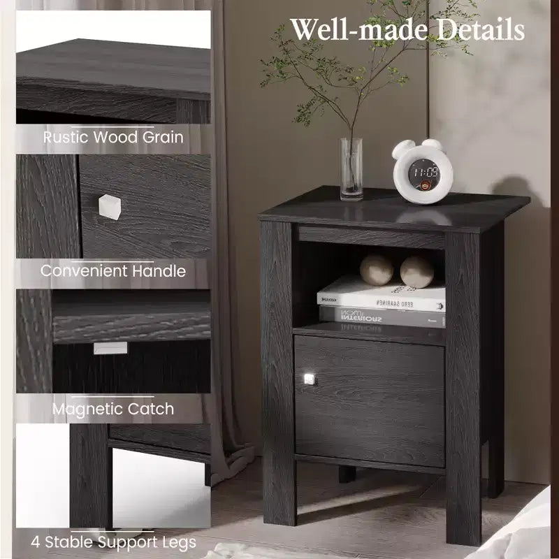 Table de chevet compacte avec étagère ouverte et armoire Chêne foncé/Noyer