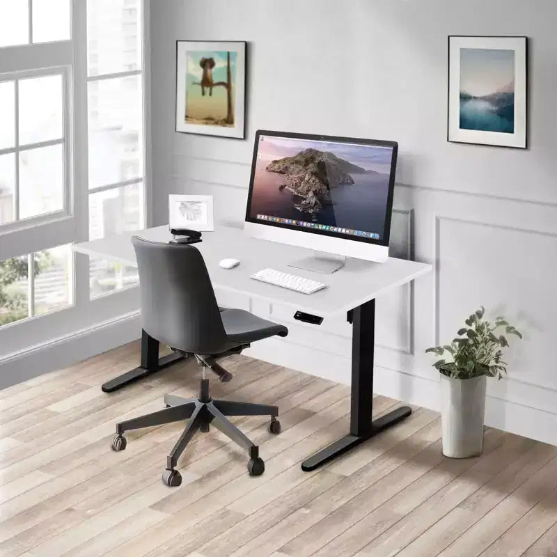 Piètement de bureau électrique assis-debout noir avec plateau blanc, extensible de 100 à 160 cm de large