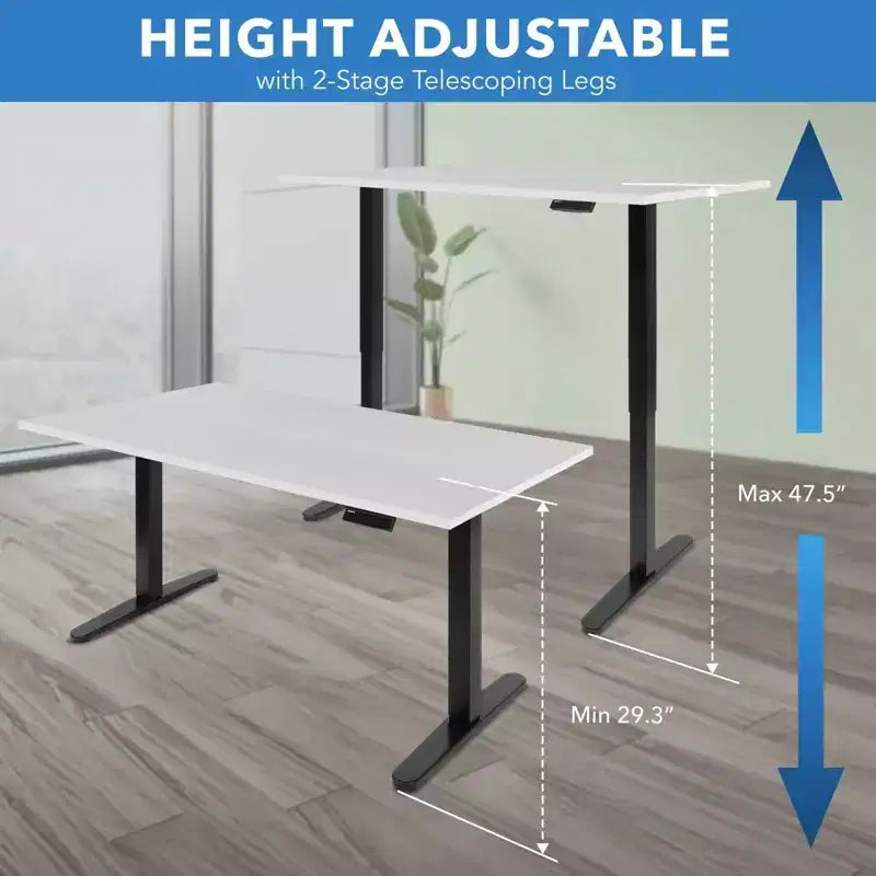 Piètement de bureau électrique assis-debout noir avec plateau blanc, extensible de 100 à 160 cm de large